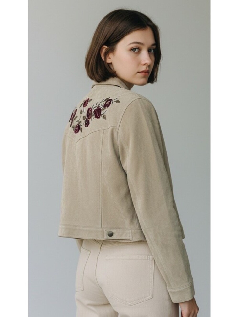 VTG Brandon Thomas Size L Beige Suede Embroidered Trucker Leather Biker Jacket